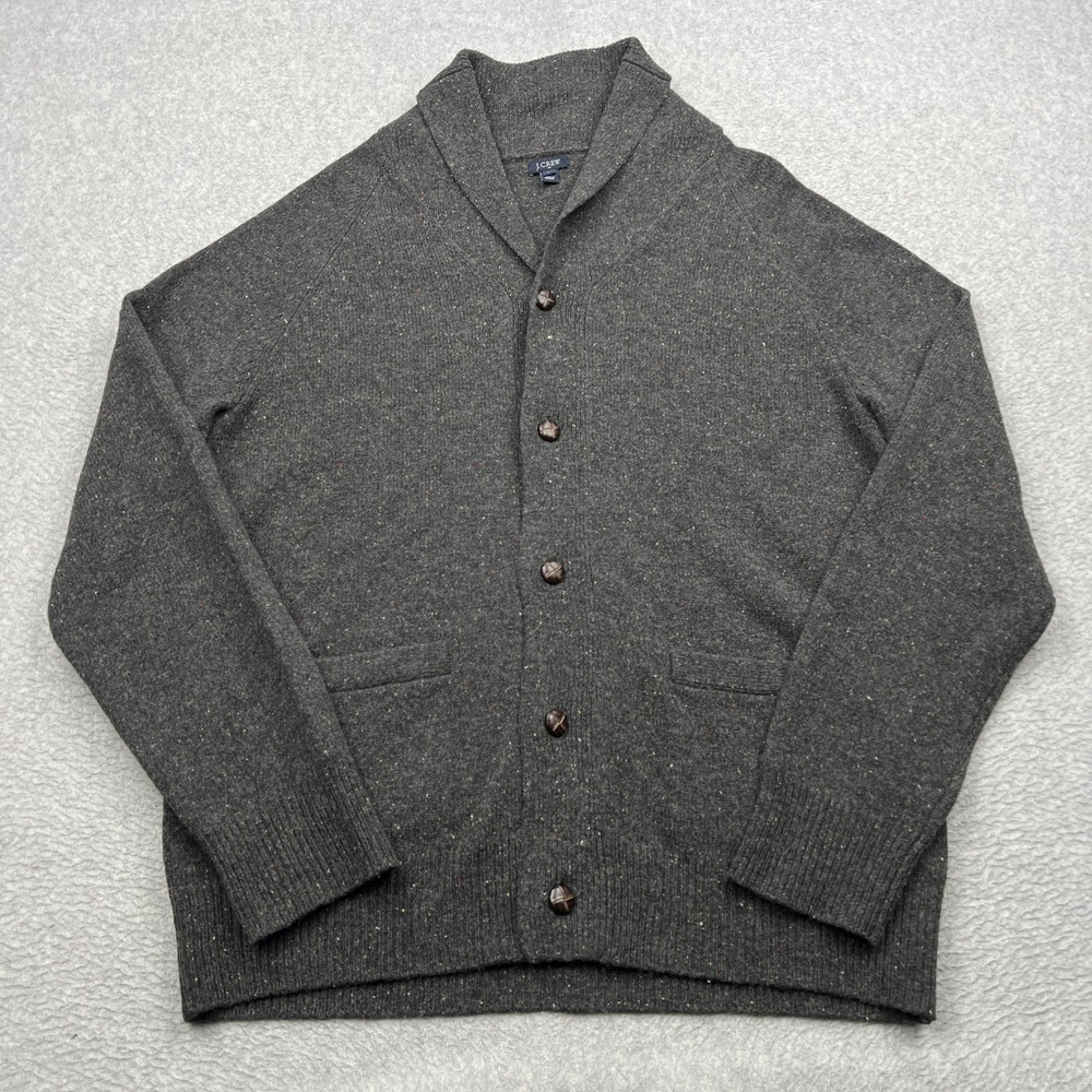 J.Crew Cardigan Mens Large Gray Donegal Lambswool Shawl Collar Button Up Sweater